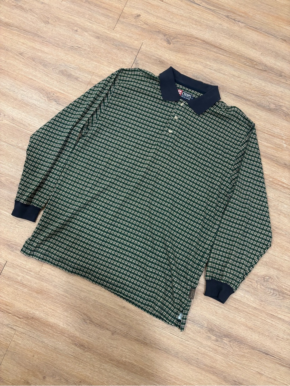 Chaps Green Patterned Long Sleeve Polo with Navy Collar